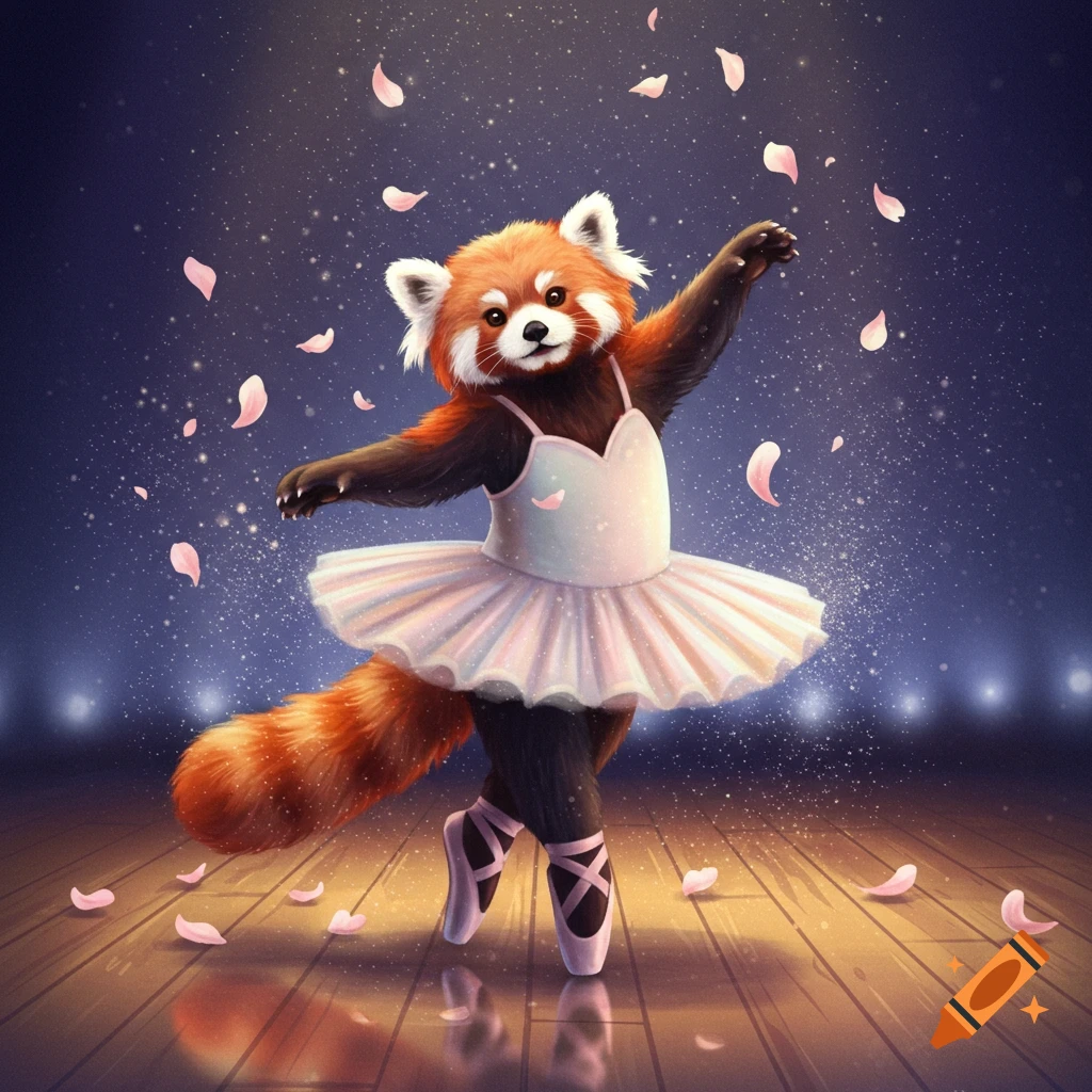 A whimsical illustration of a red panda in a pink tutu and ballet shoes dancing under falling pink petals and sparkling lights.