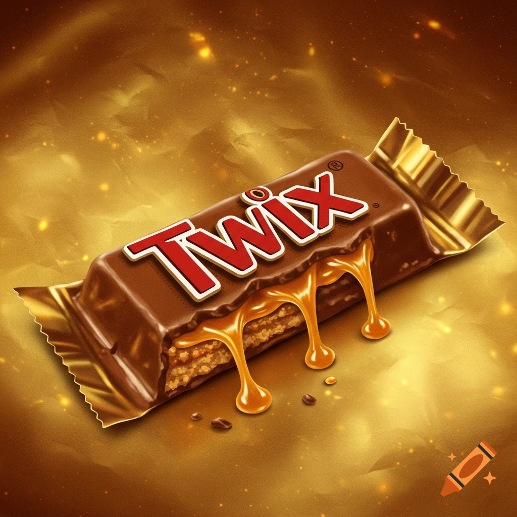 A photorealistic close-up of a Twix chocolate bar, partially unwrapped with gooey caramel dripping, against a sparkling golden background.