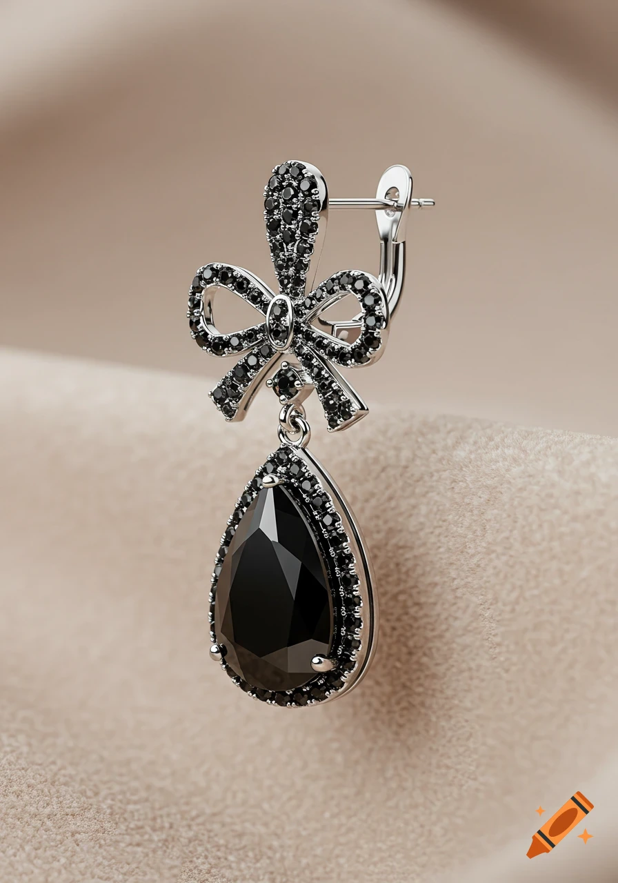 An elegant silver earring with a bow design, adorned with black sparkling stones, and a large black teardrop stone.