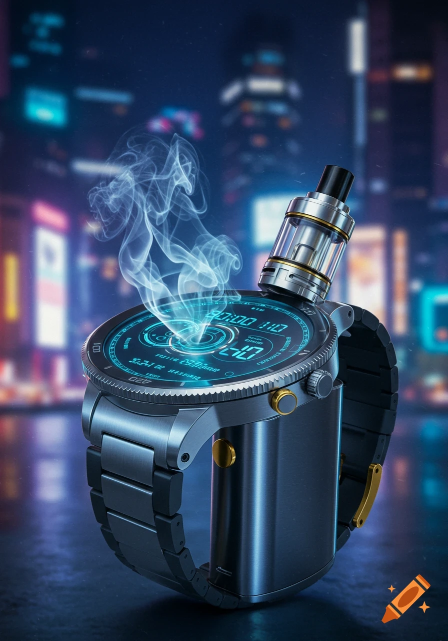 A futuristic metallic smartwatch with a glowing blue digital display, emitting smoke, stands next to a vape tank in a cyberpunk city setting.