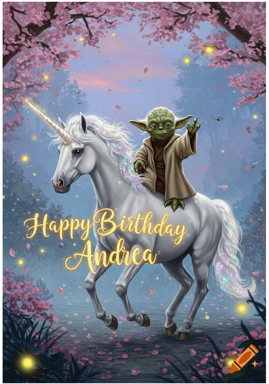 A whimsical illustration of Yoda riding a white unicorn in a magical forest with pink cherry blossoms. Text: Happy Birthday Andrea.