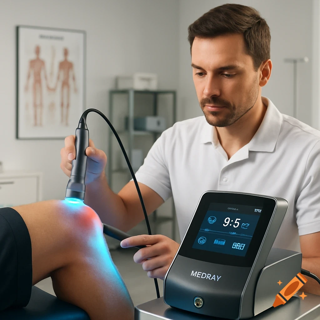 A male healthcare professional applies laser therapy to a patient's knee in a clinic setting, with a 'MEDRAY' device visible.