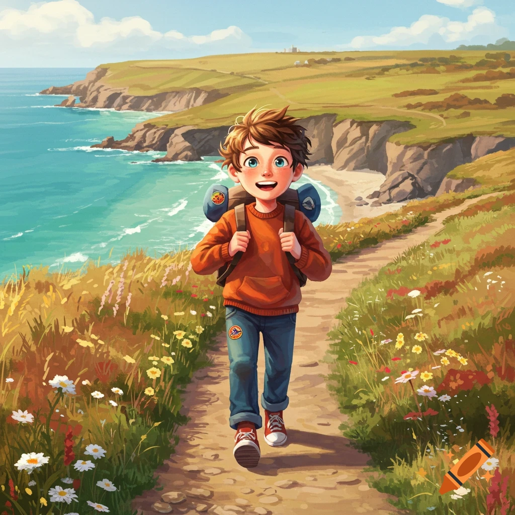 A cute boy with a backpack walks on a path along a sunny, green coastal cliff overlooking the turquoise ocean.