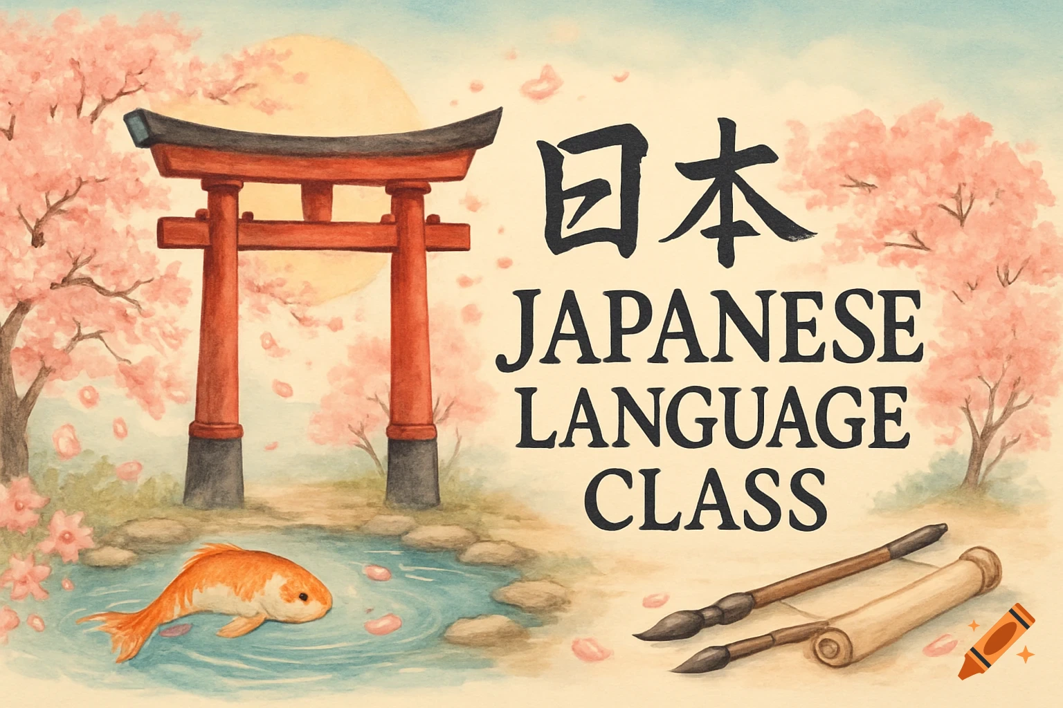 Watercolor illustration of a Japanese torii gate, cherry blossoms, koi fish in a pond, and text "JAPANESE LANGUAGE CLASS".