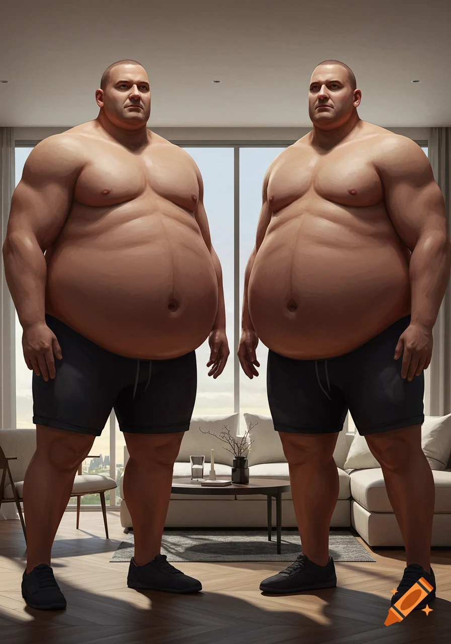 Two colossal, shirtless, muscular and obese men with exaggerated proportions stand in a living room.