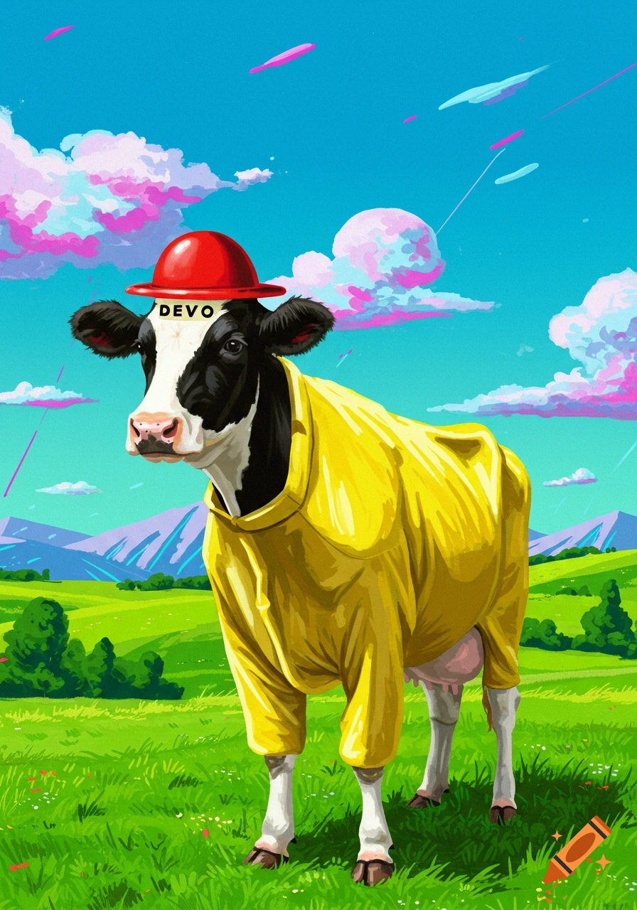 A black and white cow wearing a red DEVO hat and a yellow suit stands in a vibrant green field under a colorful sky, in a stylized art style.