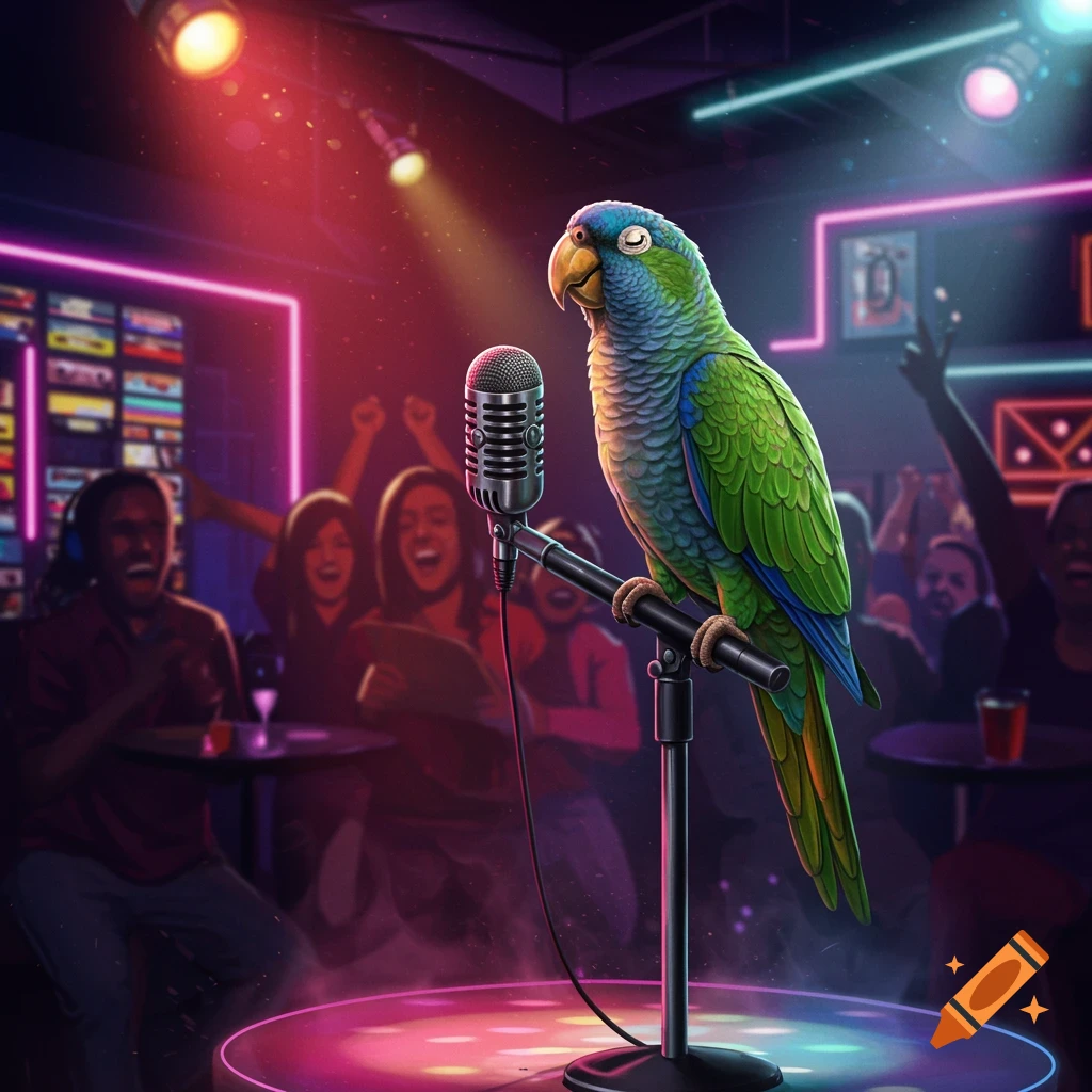 A colorful parrot on a microphone stand, singing karaoke on a stage with neon lights and a cheering, blurred audience.