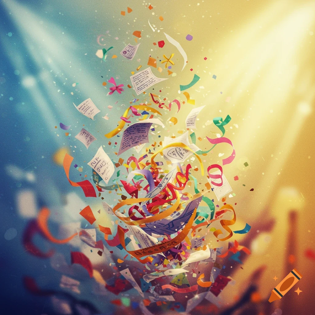 Colorful confetti, ribbons, and papers explode upwards against a blue and gold background with light rays.