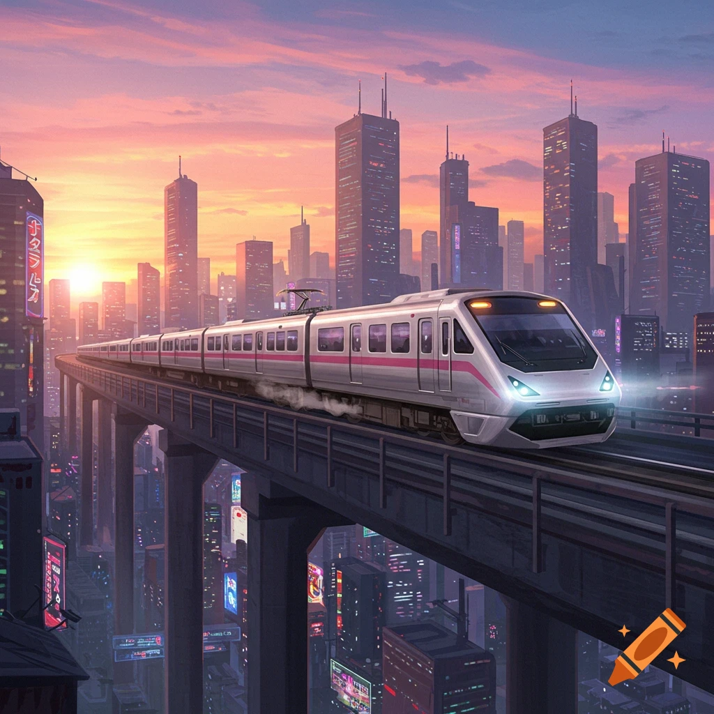 A sleek, modern train travels on an elevated track through a futuristic city skyline at sunset. Digital art style.