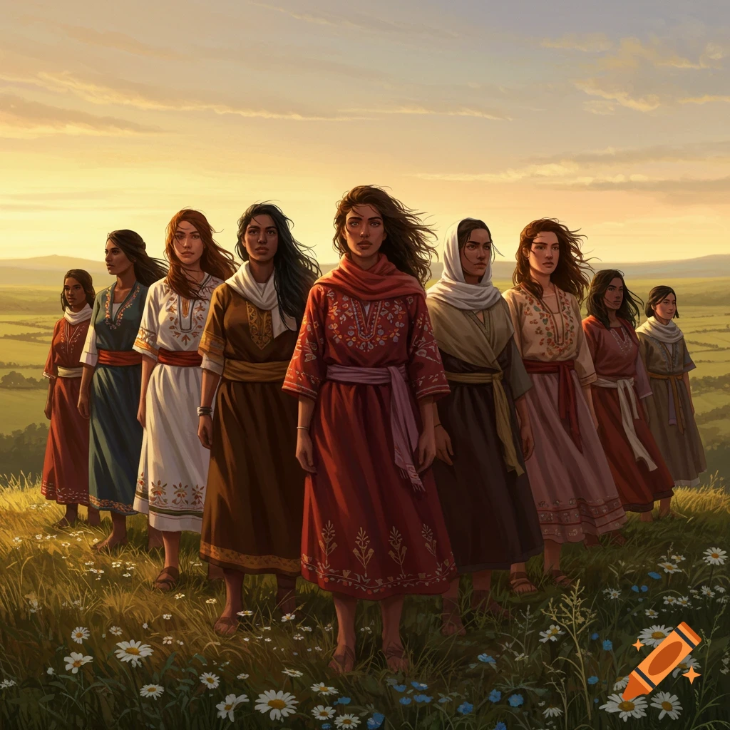 A group of women in traditional attire stand in a grassy field with daisies, under a bright sunset sky.