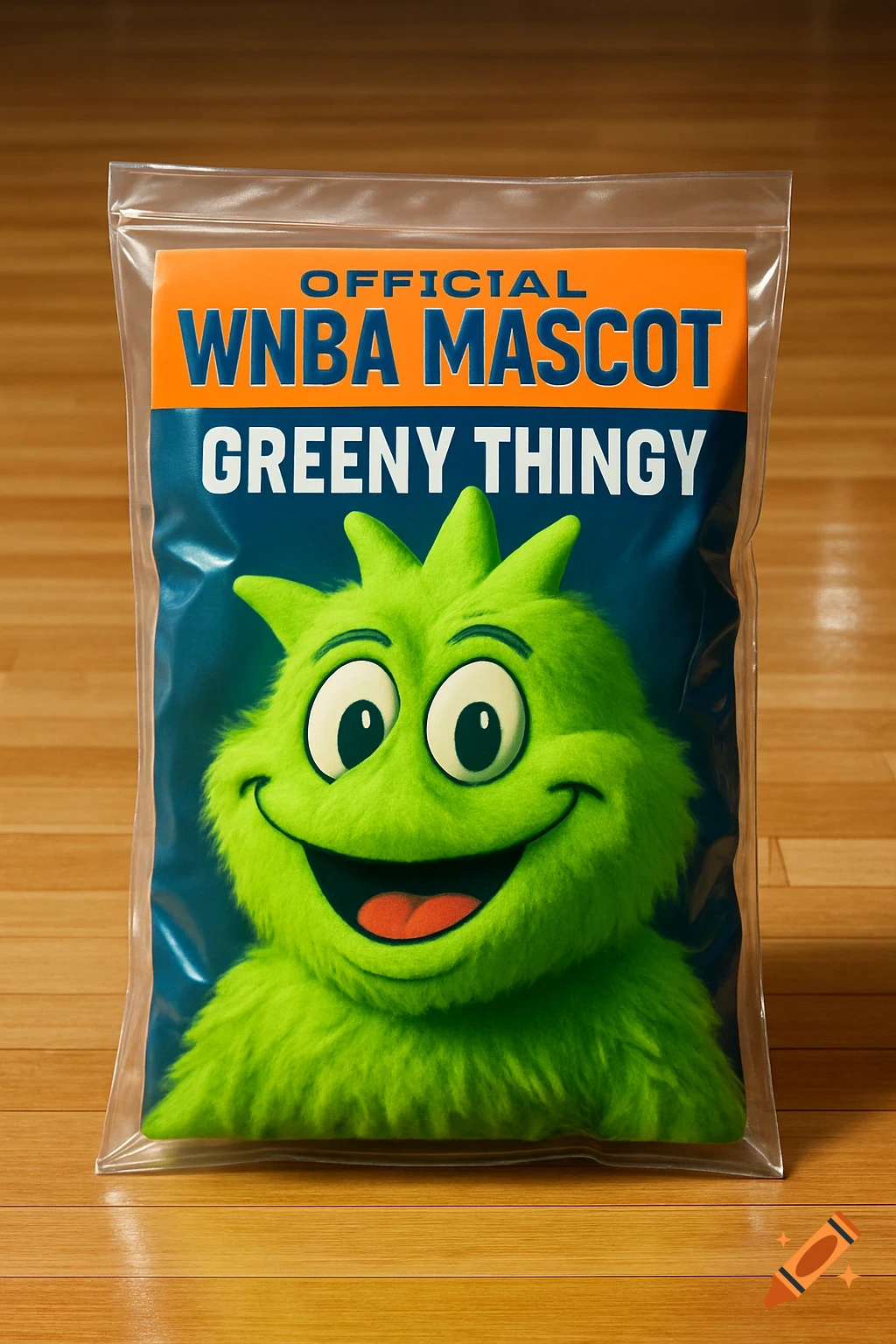 A green, fluffy monster mascot with large eyes and a smile, packaged in a clear bag with "OFFICIAL WNBA MASCOT GREENY THINGY" text, resting on a wooden floor.