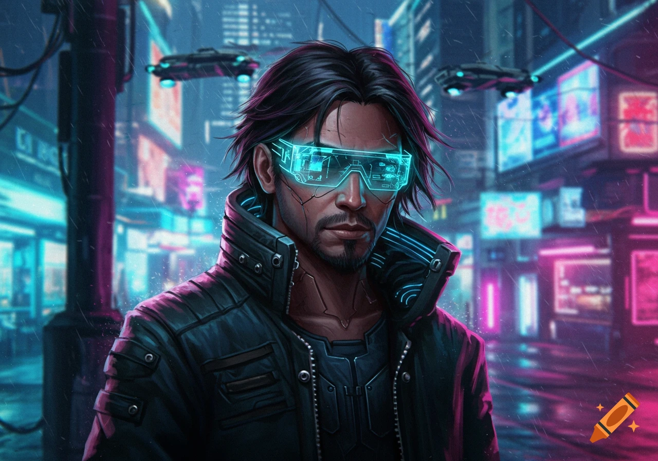A man with long dark hair and a beard wearing glowing blue futuristic glasses and a leather jacket stands in a neon-lit cyberpunk city at night.