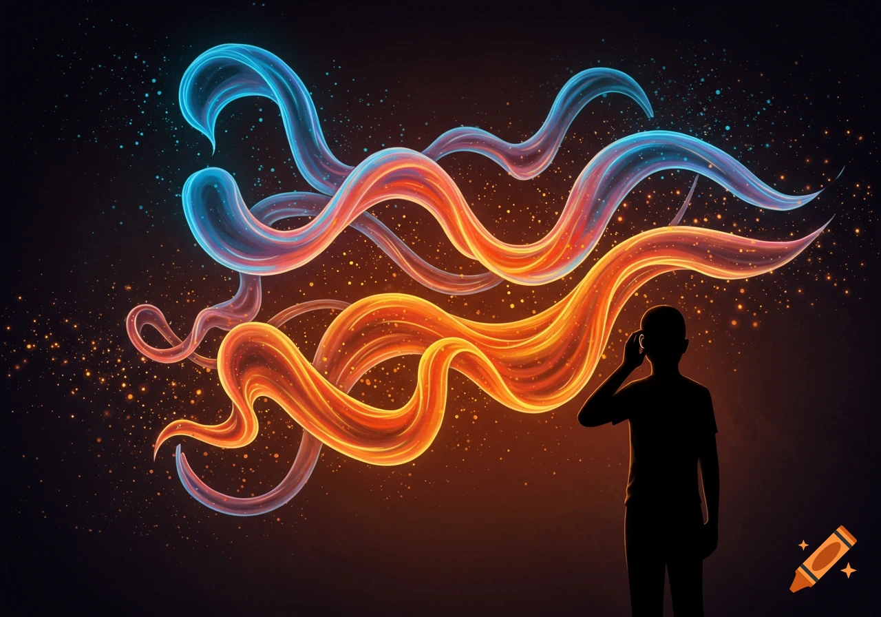 Silhouette of a person looking at glowing blue and orange wavy abstract lines with sparkling particles on a dark background.