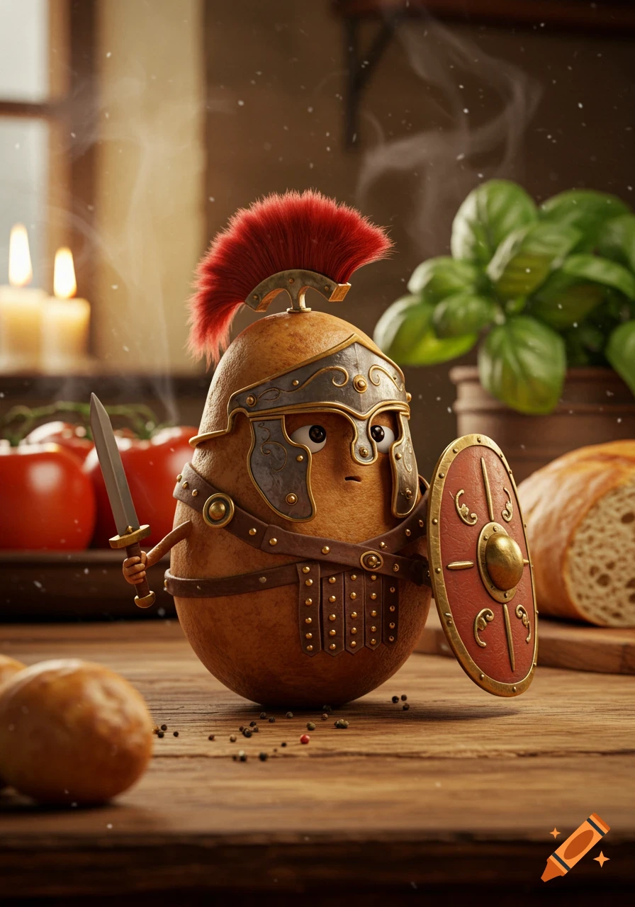 A cartoon potato dressed as a Roman centurion with a sword and shield stands on a wooden table, with kitchen items in the background.