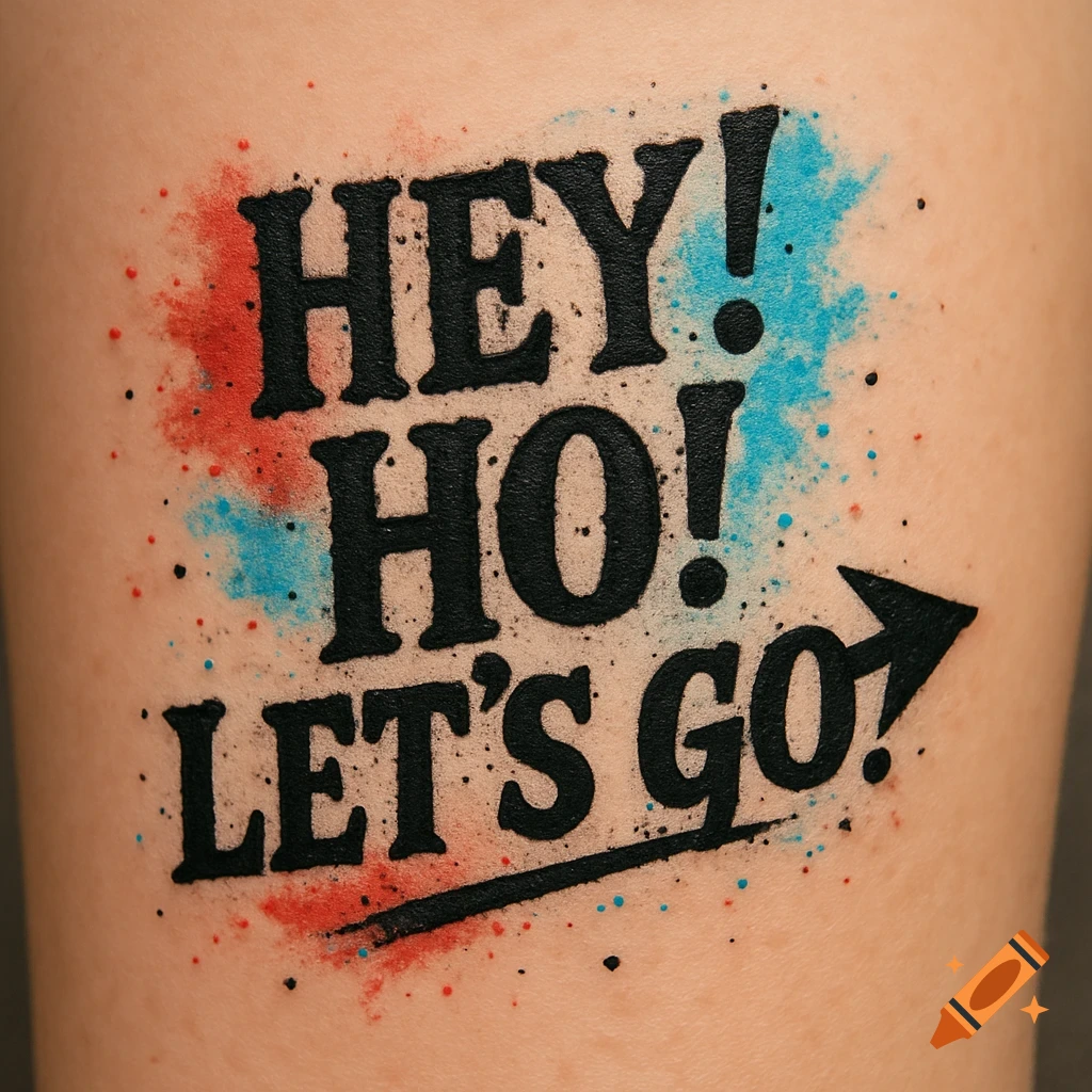 Photorealistic tattoo on skin reading HEY! HO! LET'S GO! with a black arrow and red and blue paint splatters.