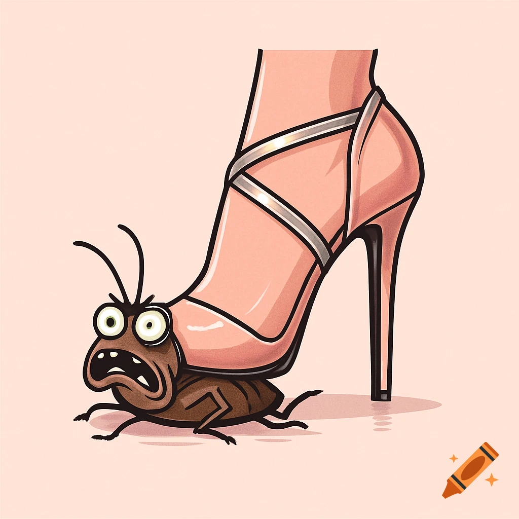 Cartoon illustration of a foot in a pink high heel crushing a screaming cockroach.