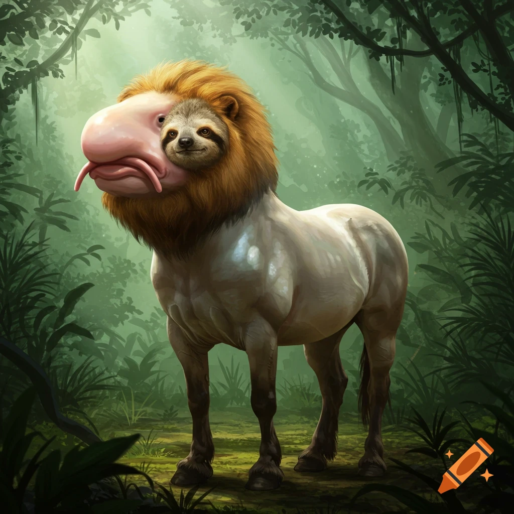 A fantasy creature, a hybrid of a blobfish, lion, sloth, and horse, stands in a lush jungle.