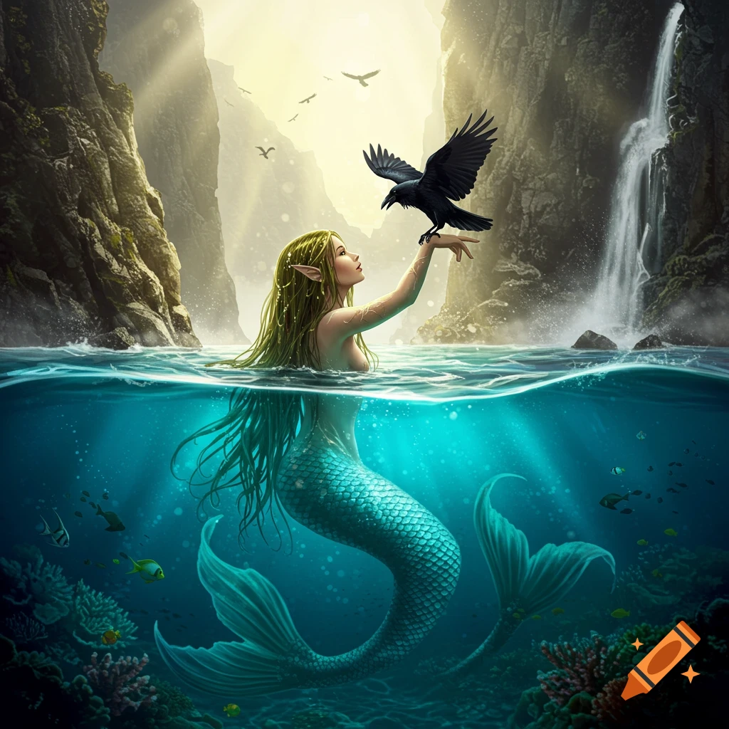 A mermaid with long green hair sits in clear water, holding a black crow. Majestic mountains, a waterfall, and an underwater world with coral and fish are in the background.