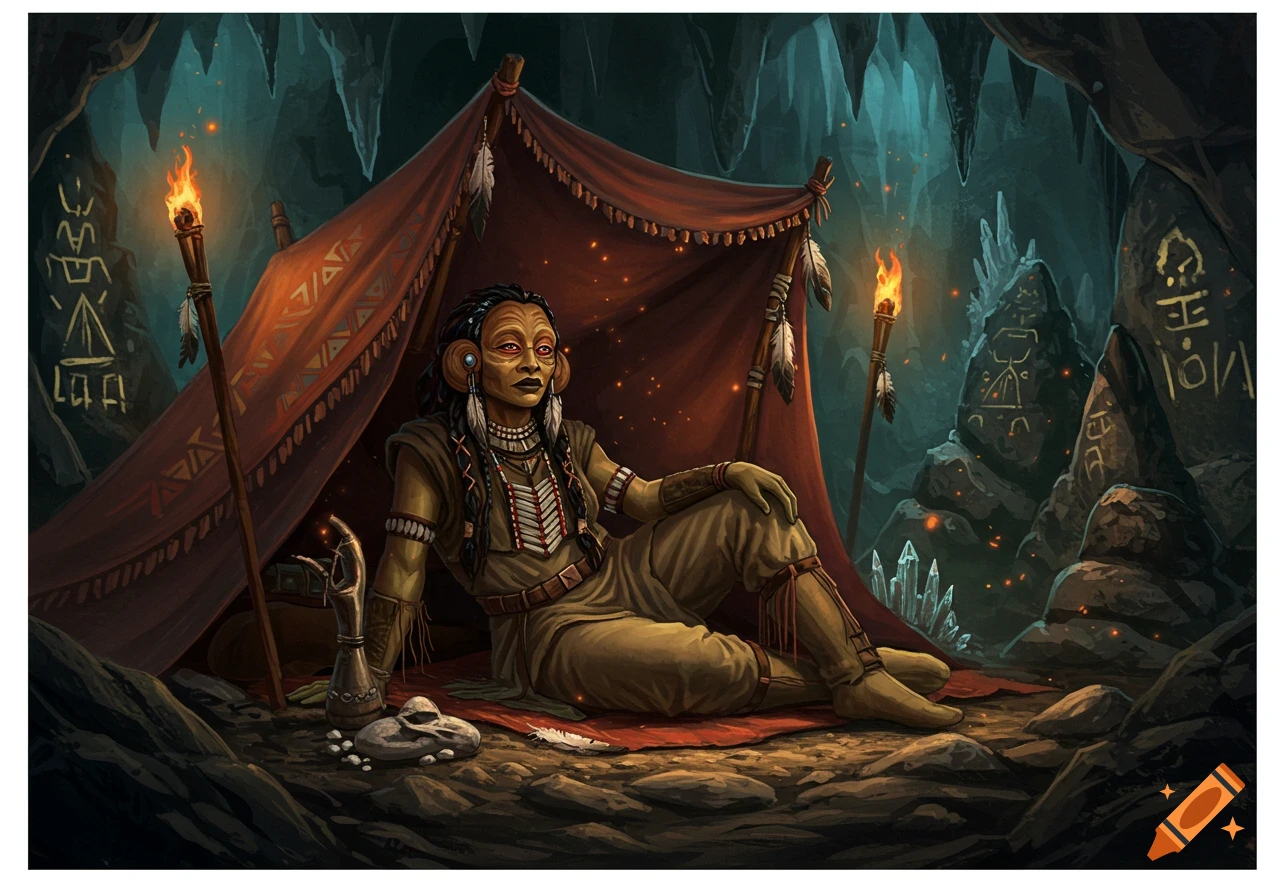 A fantasy illustration of a tribal woman with a masked face sitting inside a tent in a dark cave illuminated by torches and glowing crystals.