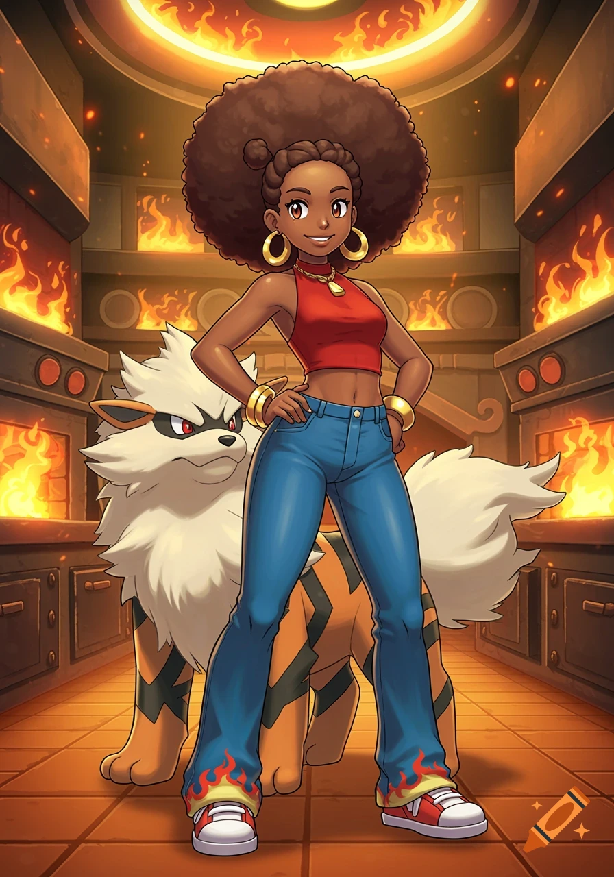 Confident anime girl with an afro and a red top, standing with Arcanine in a fiery Pokémon gym kitchen.