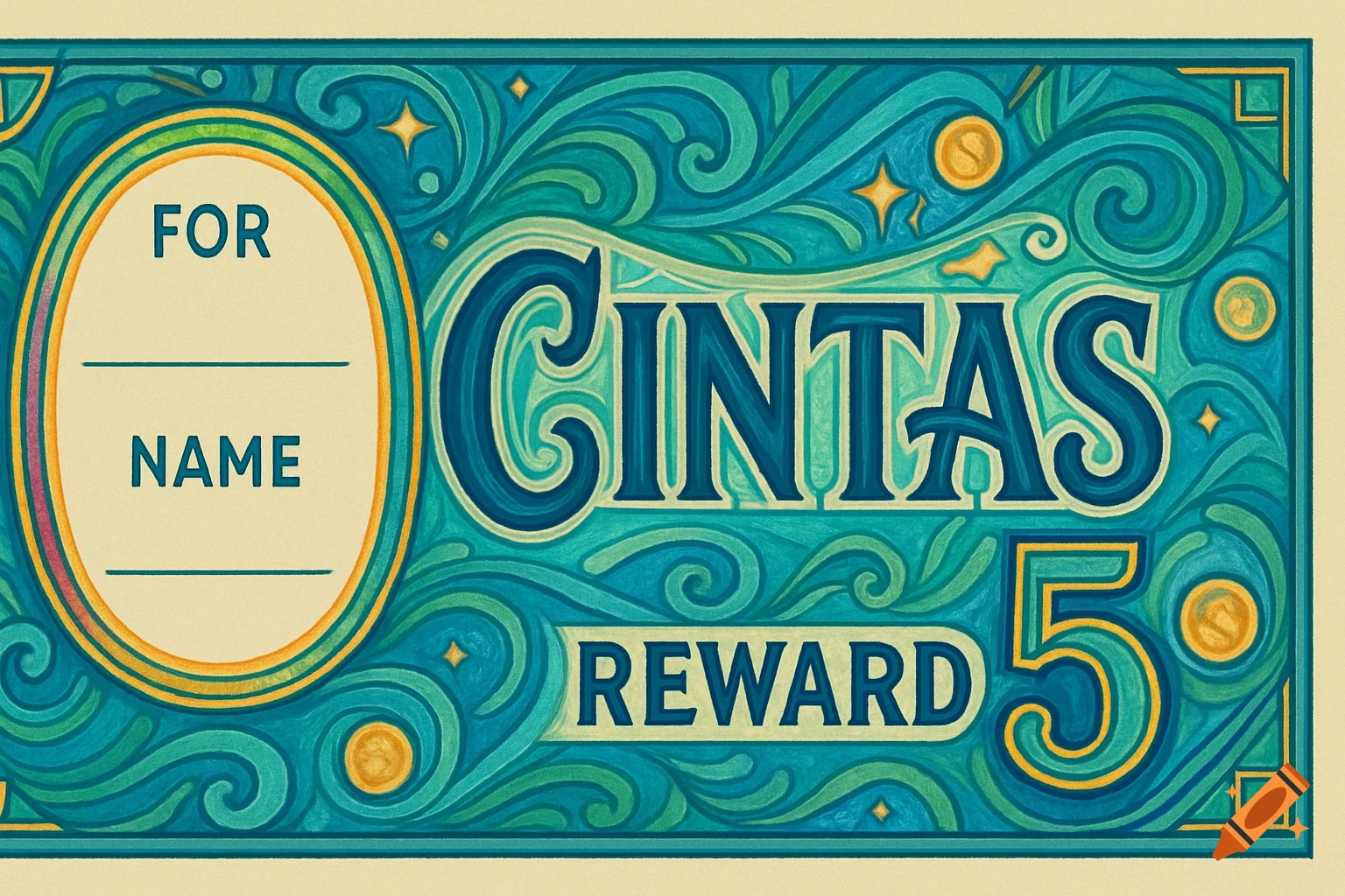 A colorful, stylized reward note resembling currency, with 'CINTAS', 'FOR', 'NAME', 'REWARD', and '5' in a vibrant green and blue design.