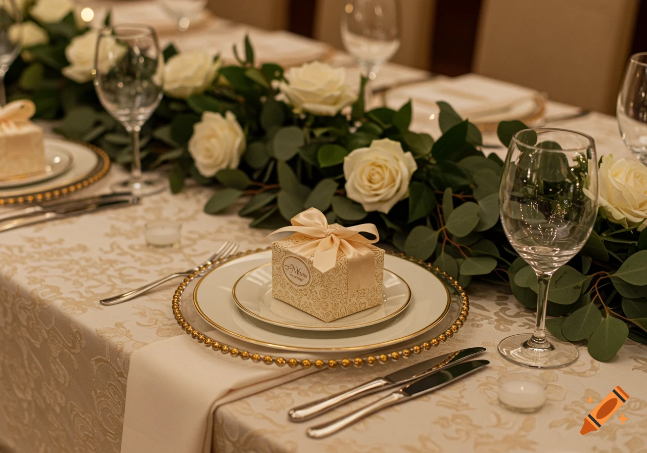 A wedding favor box with a bow on an elegant table setting with white roses and eucalyptus garland.