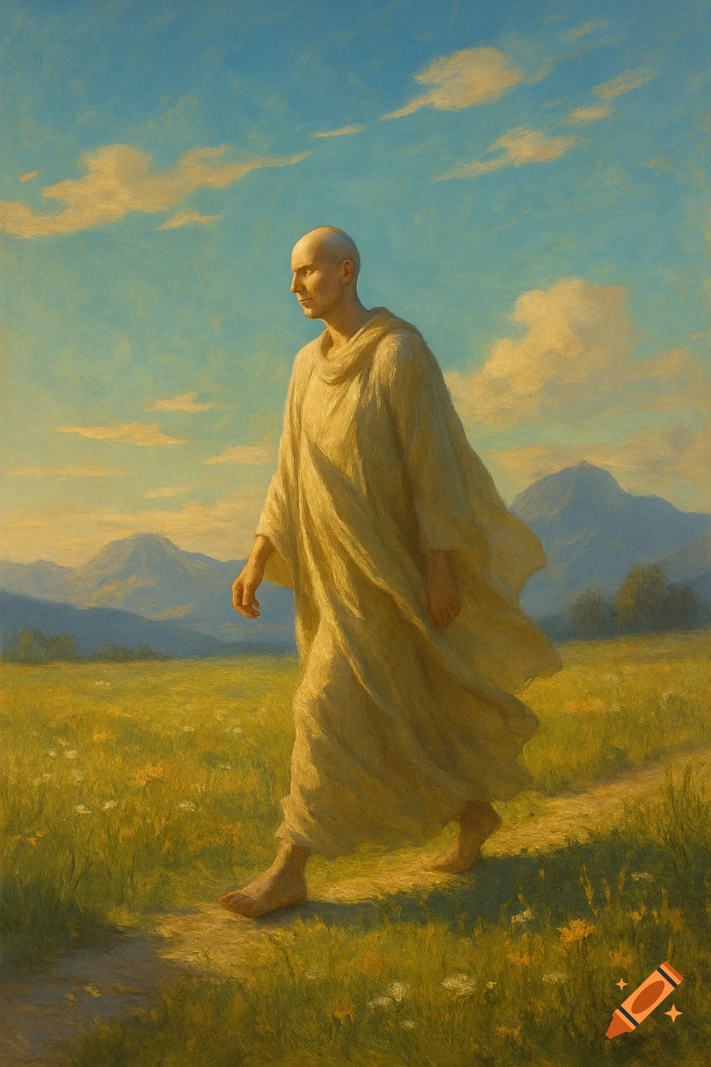 A bald man in a flowing, light-colored robe walks barefoot on a dirt path through a grassy field with mountains under a cloudy sky, in a painterly style.