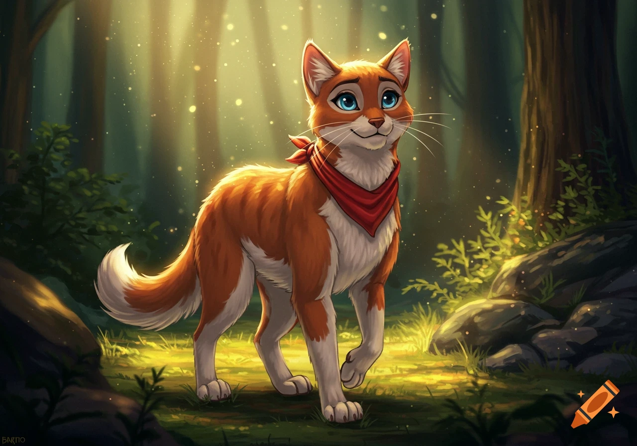 An anthropomorphic orange cat with blue eyes and a red bandana walks through a sunlit forest in an animated style.