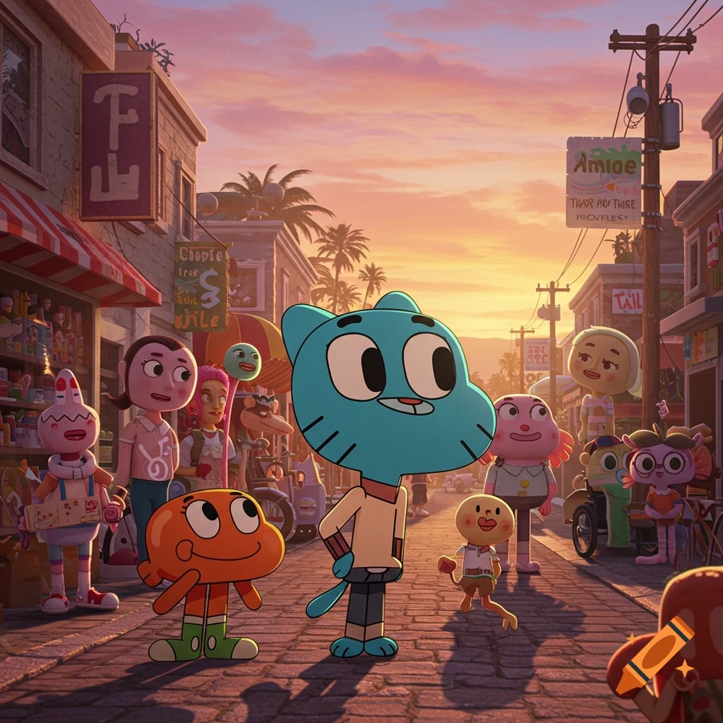 Cartoon characters, including Gumball and Darwin, stand on a sunny street in a vibrant town at sunset, with other characters and buildings in the background.