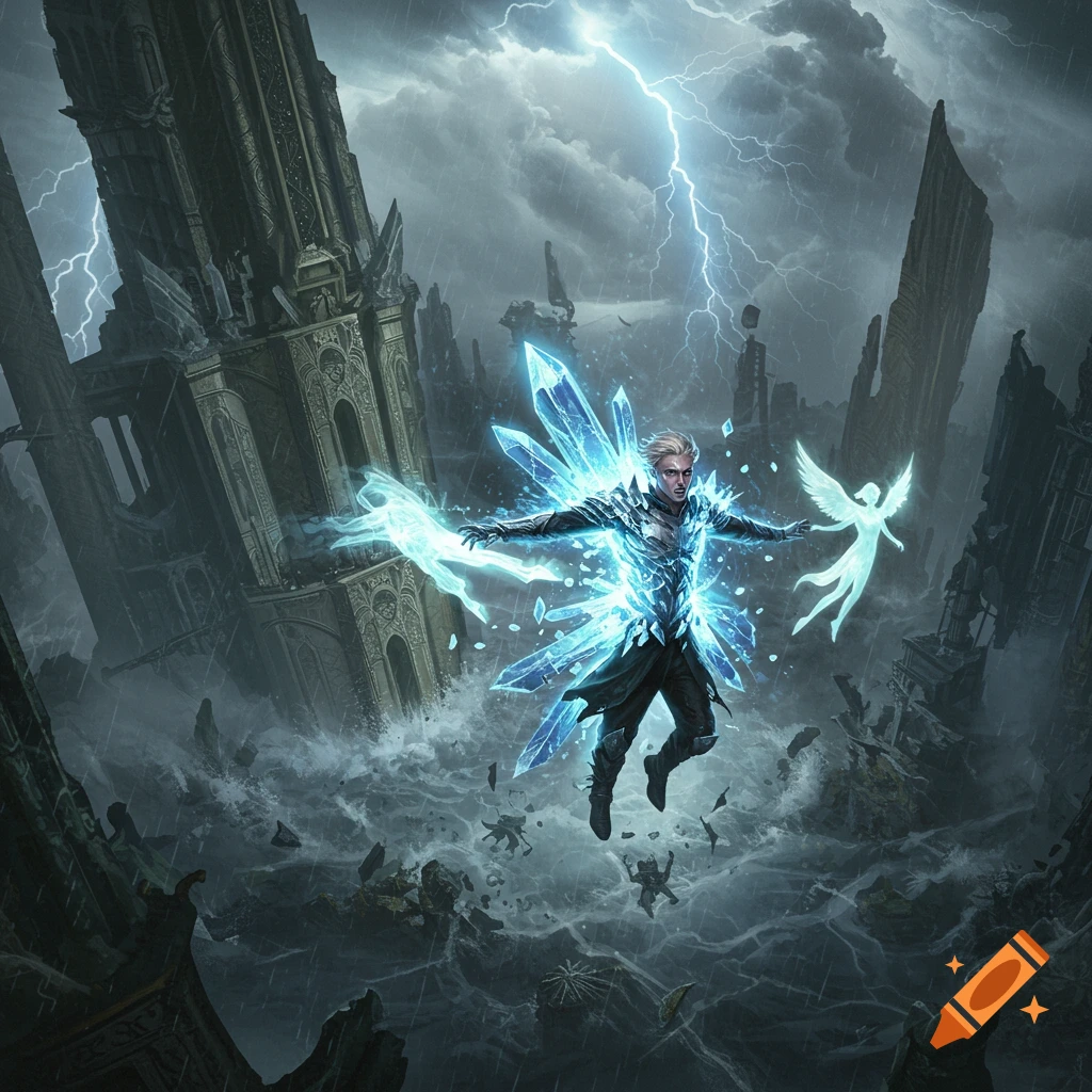 An epic fantasy digital painting of a man with glowing blue crystal armor flying amidst lightning and a stormy sky above ruined city spires.