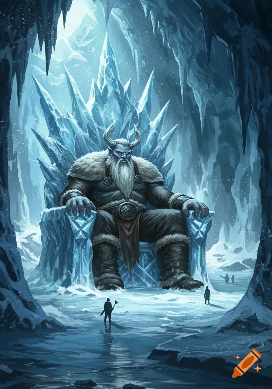 A massive horned Frost Giant with a long beard sits on an ice throne in a freezing ice cave, observed by small adventurers.