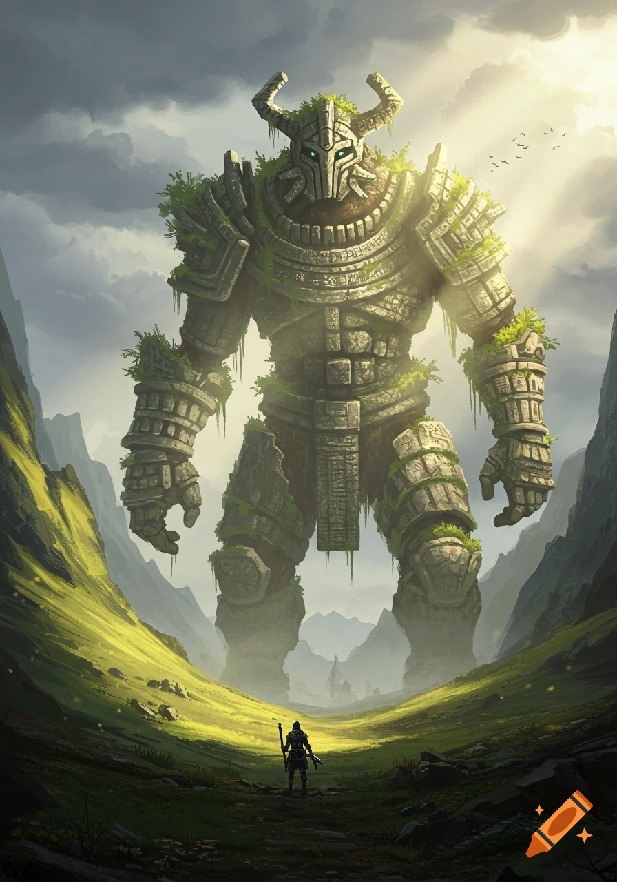 A massive moss-covered stone giant with glowing eyes stands in a misty valley as a lone warrior approaches.