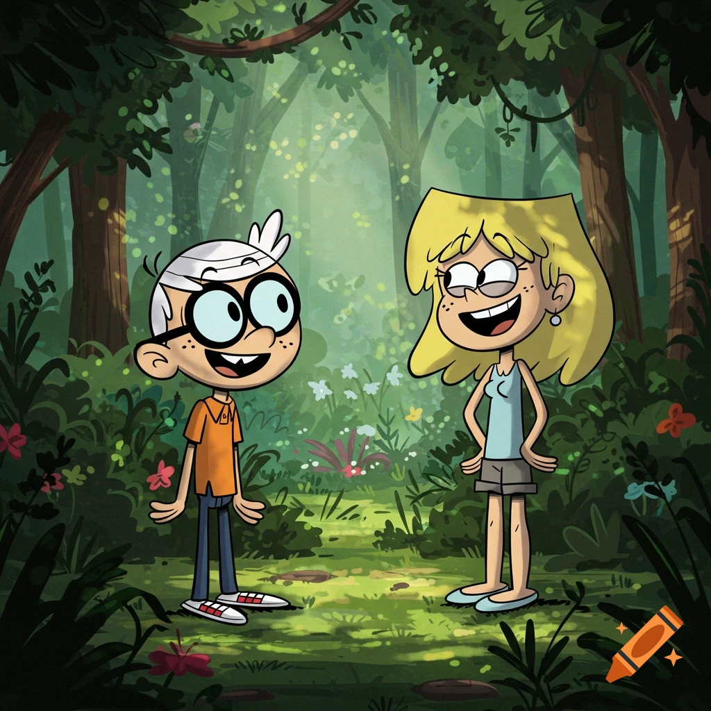 Cartoon characters Lincoln Loud and Lori Loud stand smiling in a vibrant, sunlit forest with green foliage and colorful flowers.
