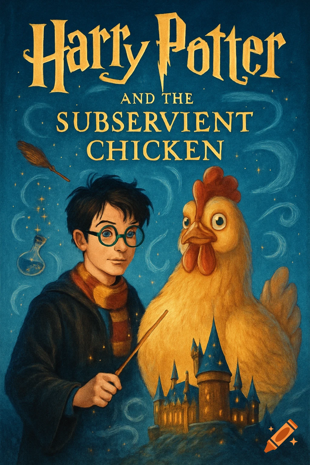 A book cover depicting a boy with glasses and a wand next to a large chicken, with a castle behind them. Title reads 'Harry Potter and the Subservient Chicken'.