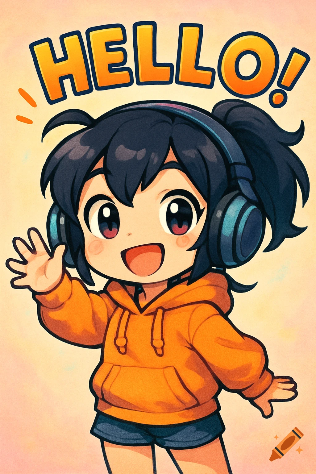 Chibi anime character with dark hair, headphones, and an orange hoodie waves. Bold text above reads "HELLO!"