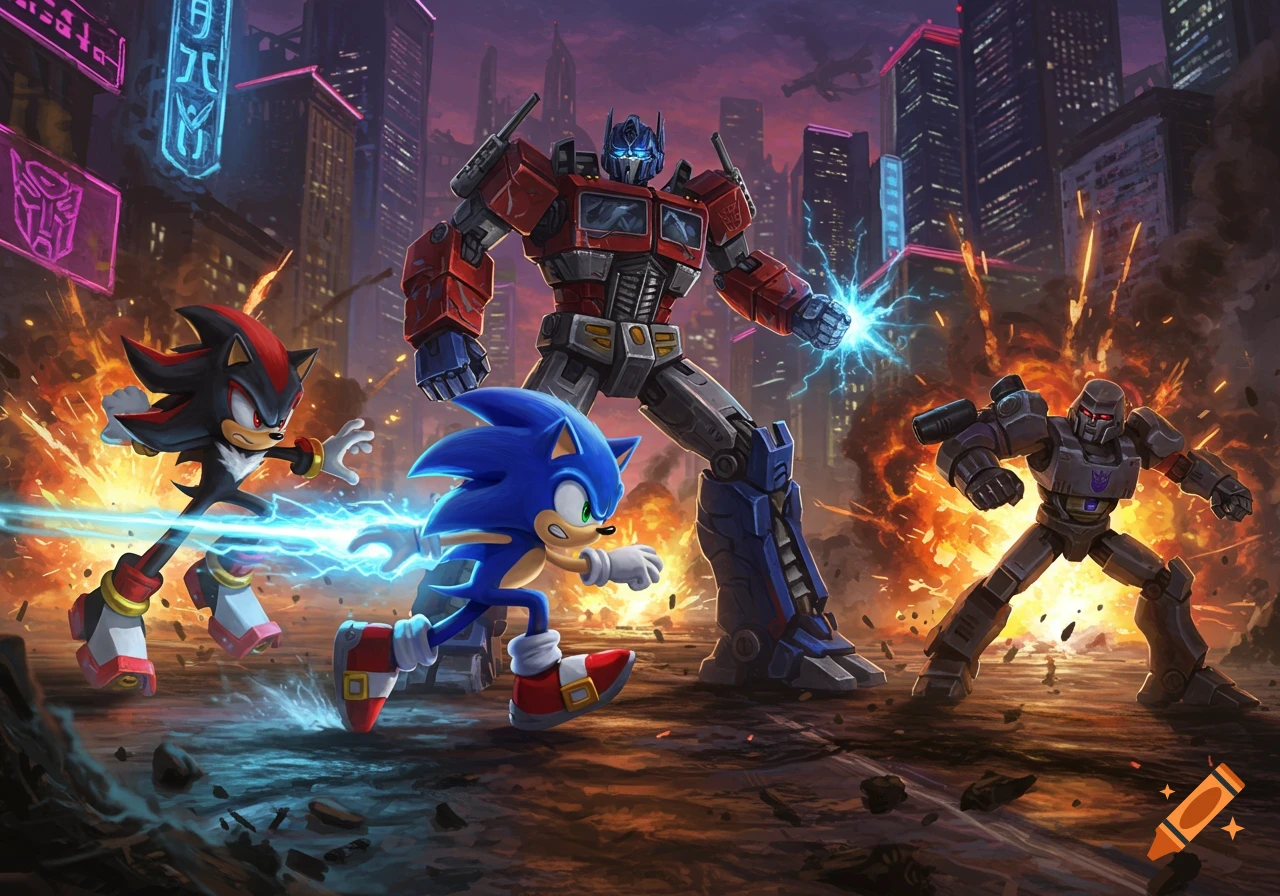 Sonic and Shadow battle Optimus Prime and Megatron in a futuristic city with explosions.