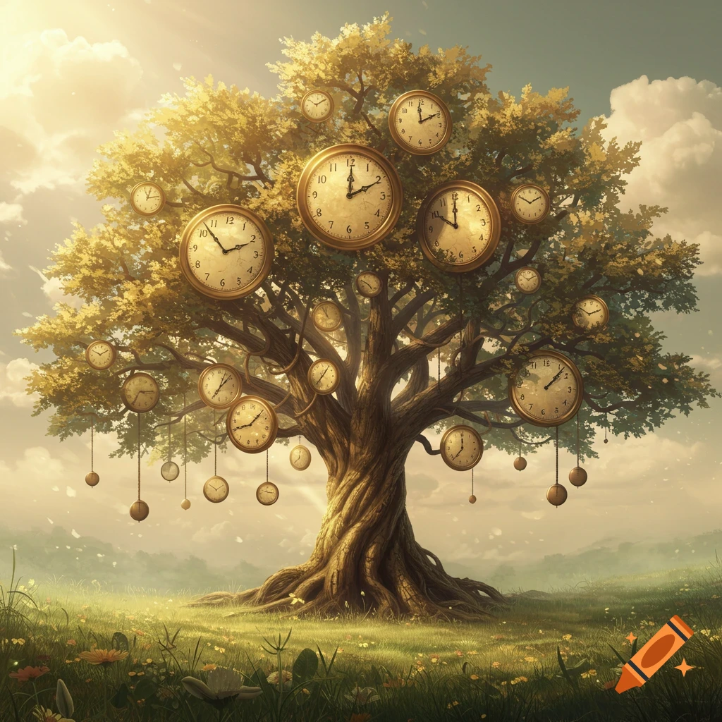 A vibrant, golden-leafed tree stands in a sunny, grassy field, adorned with many ornate golden clocks hanging from its branches.