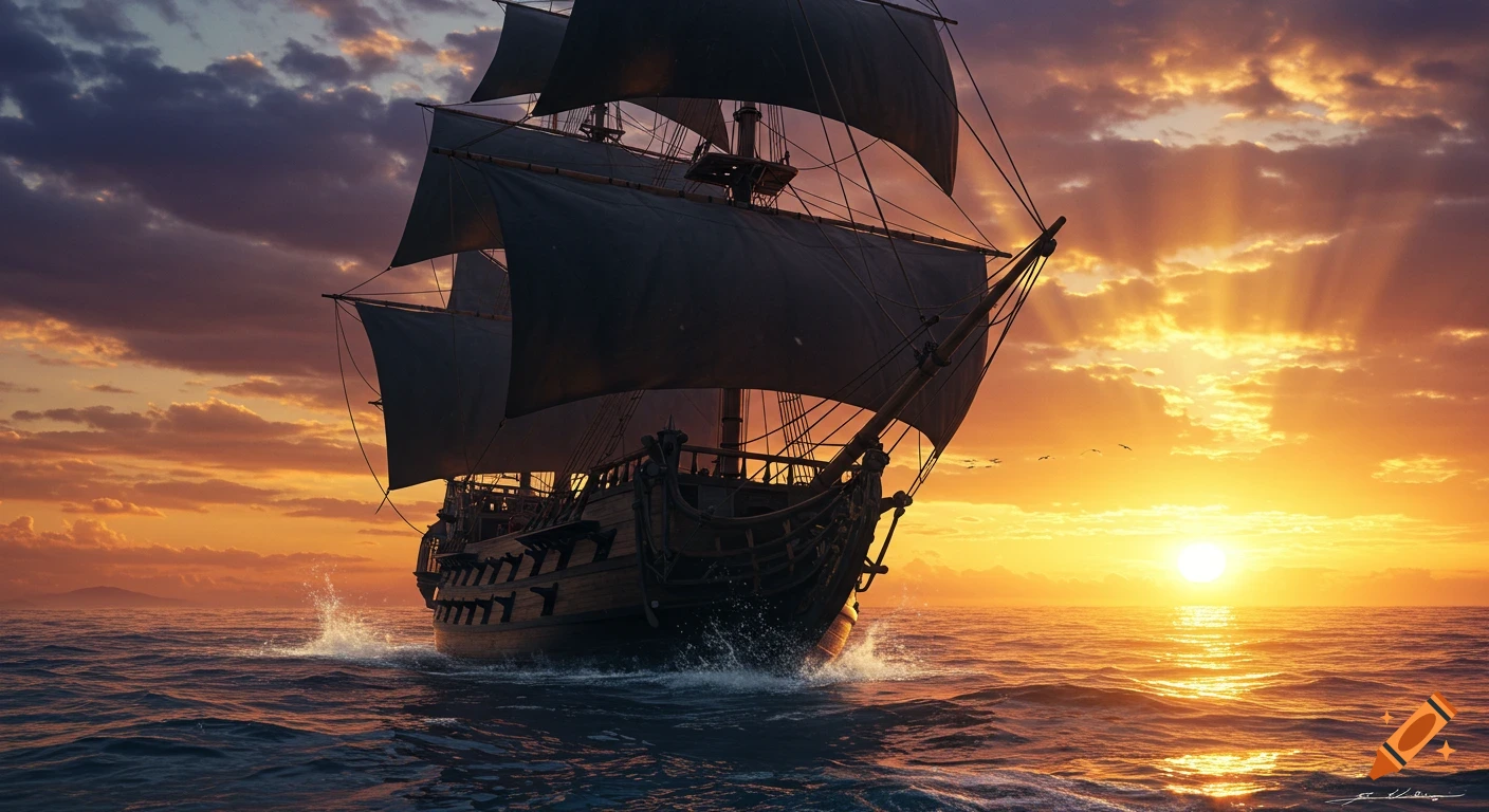 A photorealistic pirate ship sails on a wavy ocean under a dramatic orange and purple sunset sky.