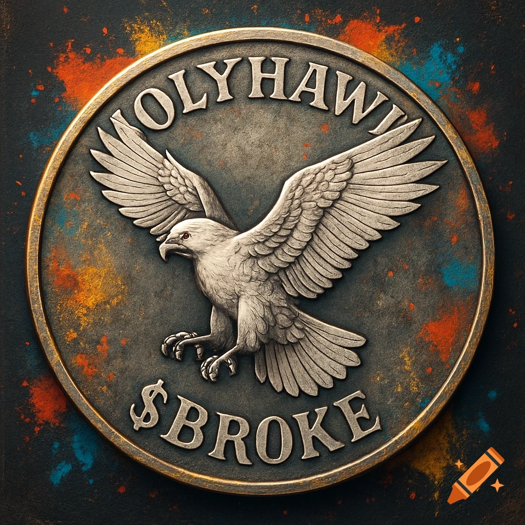 A detailed, grungy coin with an embossed eagle and the words 'OLYHAWK' and '$BROKE', surrounded by colorful paint splatters.