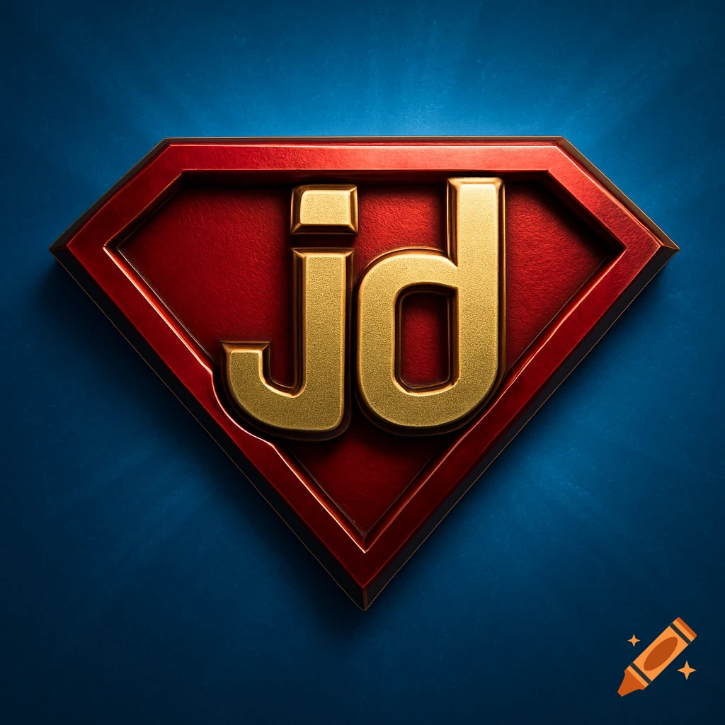 A gold 'jd' in a red Superman-style shield logo on a blue background.
