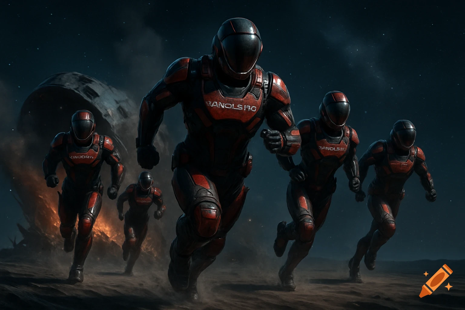A group of armored figures in red and black suits run on a dark, dusty alien planet away from a crashed spaceship under a starry sky.