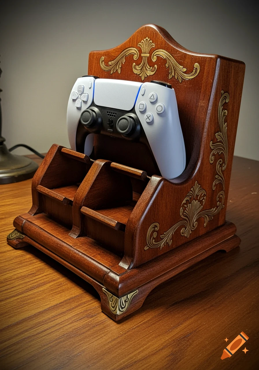 A white PlayStation 5 controller sits in an ornate dark wooden holder on a wooden table.