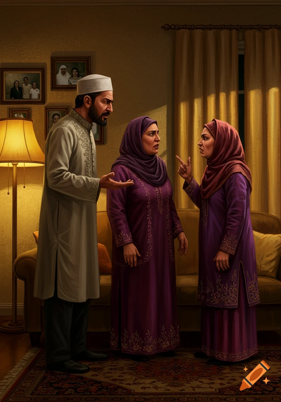 An illustration of three Muslim adults, a man and two women, passionately arguing in a living room at night.
