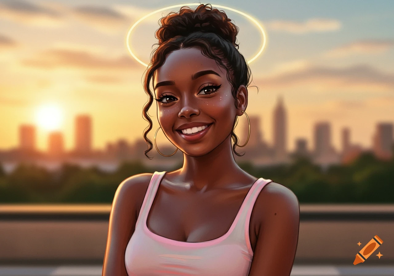 A smiling Black woman with a messy bun and a halo, wearing a tank top, stands against a city skyline at sunset in an anime style.