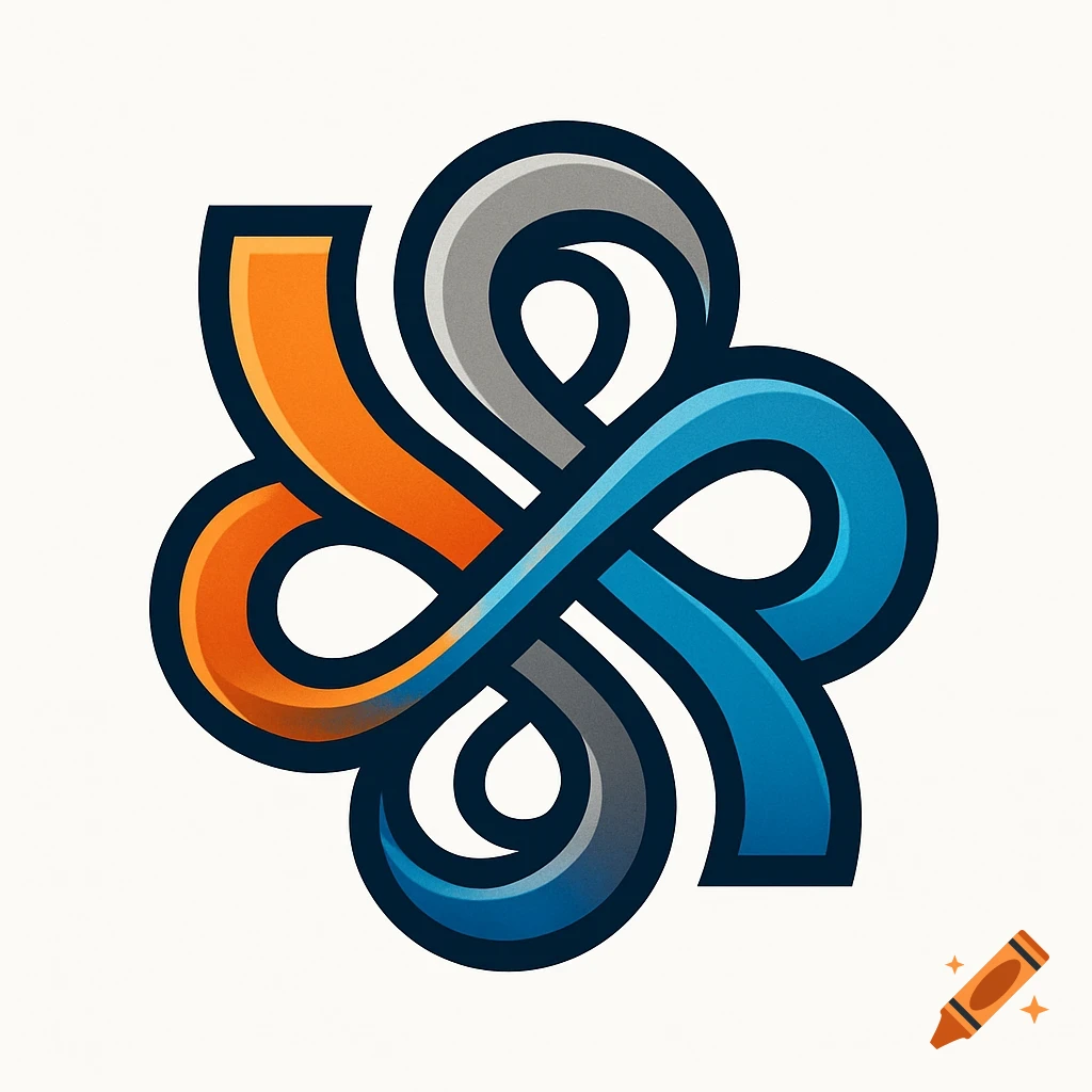 An abstract, intertwined logo featuring geometric and curvy shapes in orange, blue, and gray colors on a white background.
