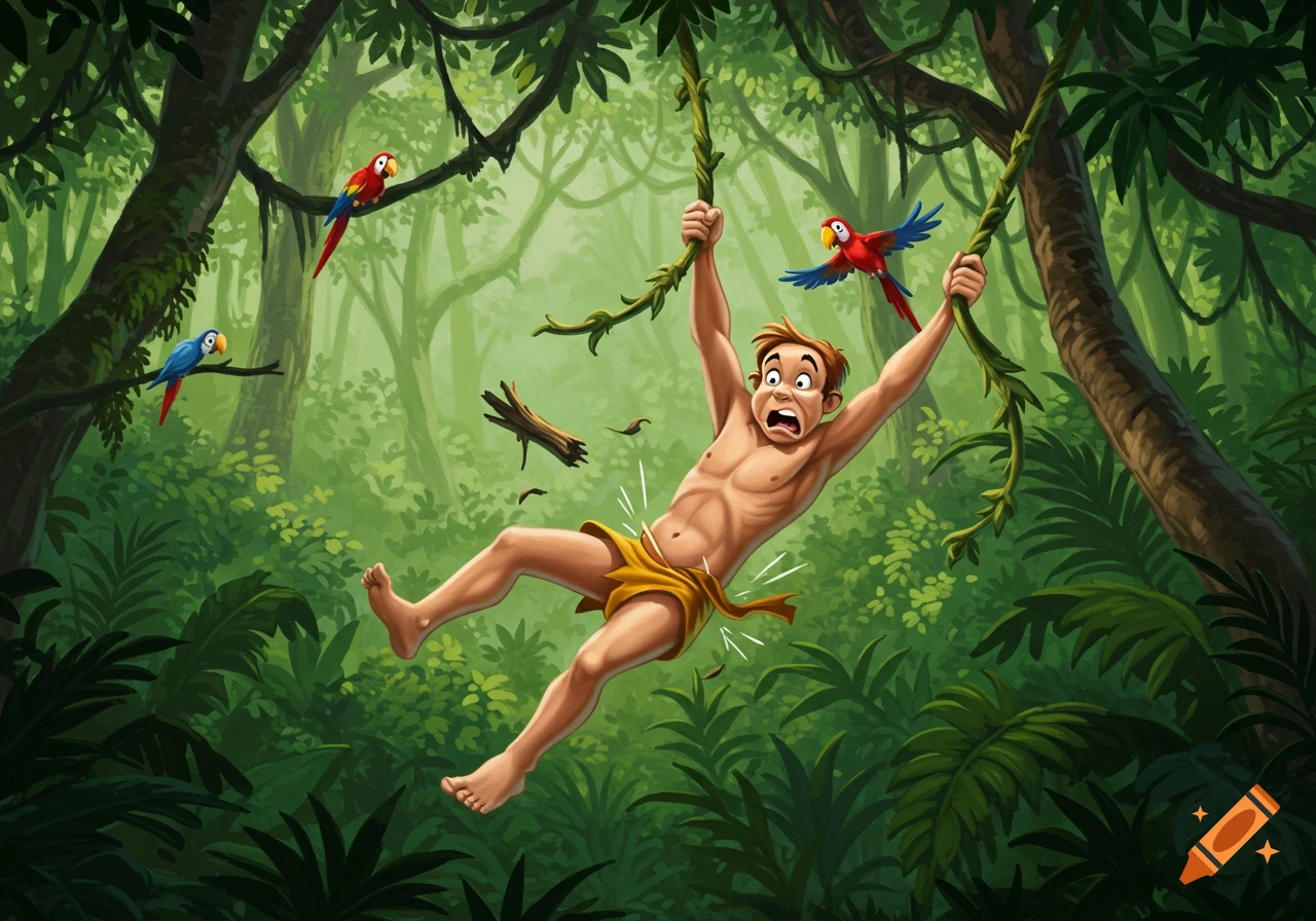 Cartoon George of the Jungle swinging on a vine, hit in the groin by a branch, with a shocked expression in a lush jungle.
