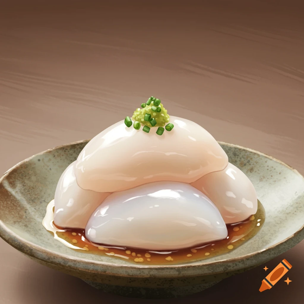 An illustration of a serving of shirako, a white, soft, and gelatinous dish, on a ceramic plate with a brown sauce, topped with chopped green onions.