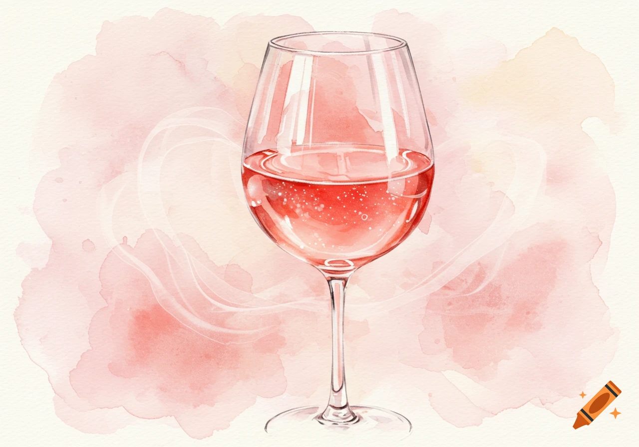 A watercolor illustration of a glass filled with pink wine on a soft pink background.
