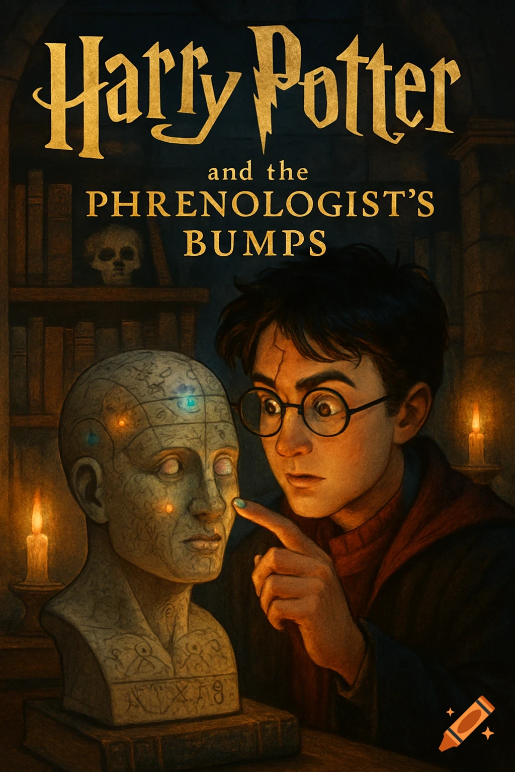 Illustrated book cover of Harry Potter pointing at a phrenology bust in a dimly lit, mysterious room.