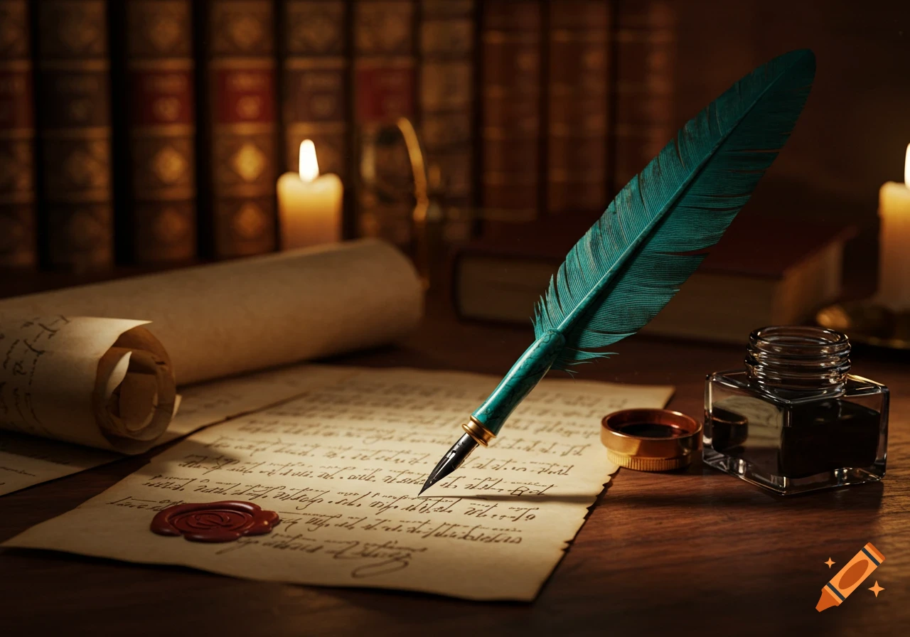 A quill pen poised over parchment paper with an inkwell, wax seal, and rolled scroll on a wooden desk, lit by candles with books in the background.
